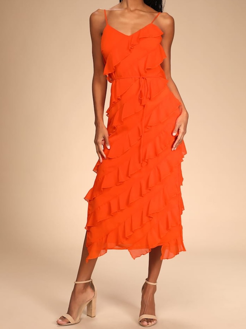 Lulu's Vibrant Orange Ruffle Midi Dress